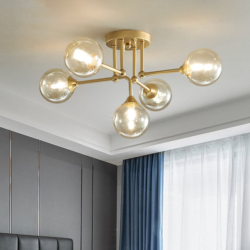 Modern 5 Lights Semi Flush Lighting Gold/Black and Gold Sphere Ceiling Lamp with Clear Glass Shade