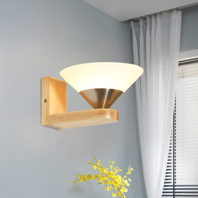 1 lampadina per parete da comodino in legno moderno e lampada da parete nichel con tonalità di vetro bianco cono