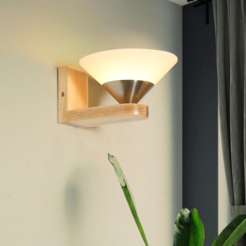 1 Bulb Bedside Wall Sconce Modern Wood and Nickel Wall Light Fixture with Cone White Glass Shade