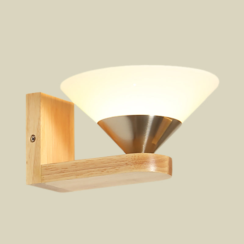 1 Bulb Bedside Wall Sconce Modern Wood and Nickel Wall Light Fixture with Cone White Glass Shade