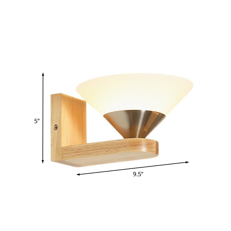 1 Bulb Bedside Wall Sconce Modern Wood and Nickel Wall Light Fixture with Cone White Glass Shade