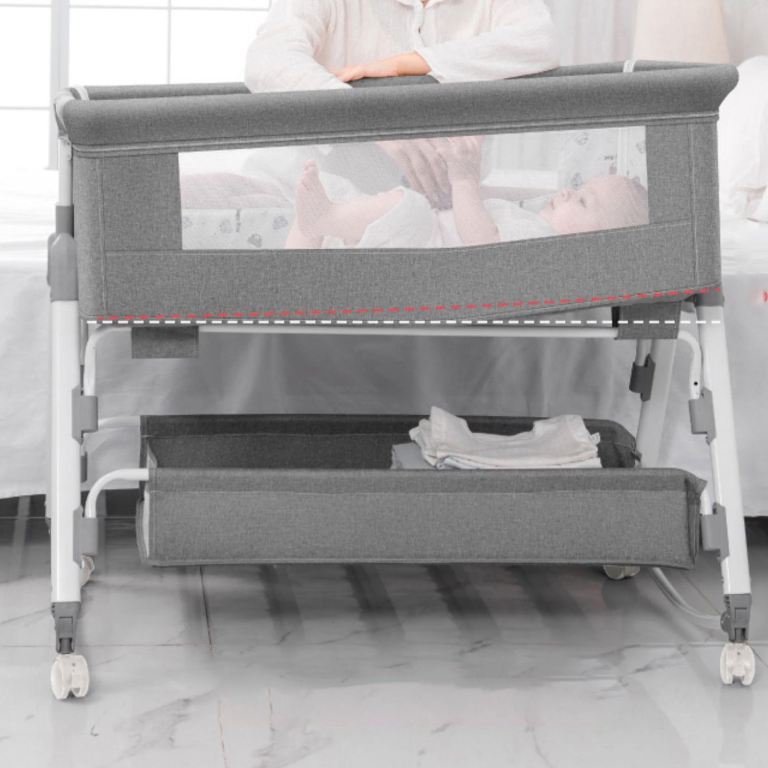 Metal Adjustable Bedside Bassinet Gliding Rectangle Crib Cradle for Baby