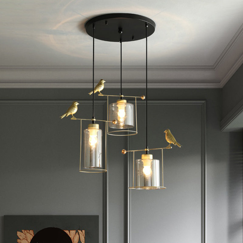 Cylinder Dining Room Cluster Pendant Cream/Smoke Gray Glass 3 Bulbs Modernism Suspension Lamp with Gold Bird Deco