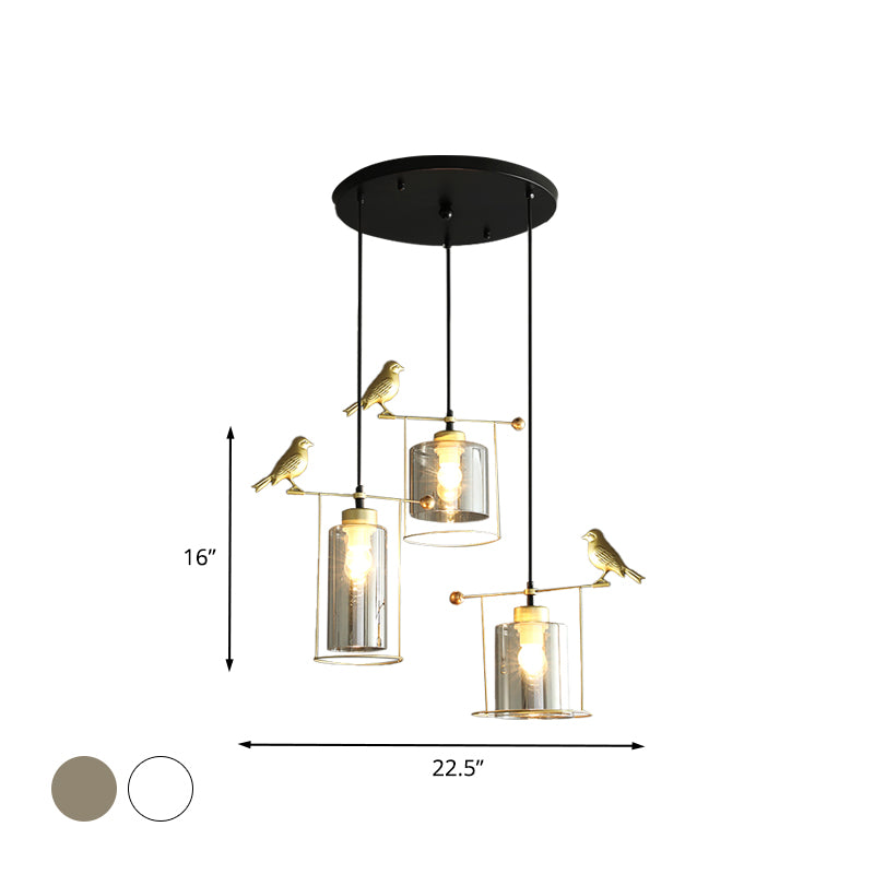 Zylinder Esszimmer Cluster Anhänger Creme/Rauchgrauglas 3 Lampen Modernismus -Federung mit goldenem Vogel Deco