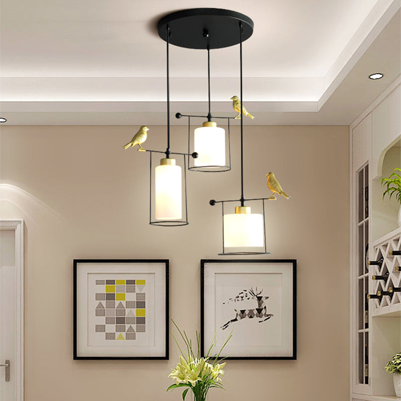 Cylinder Dining Room Cluster Pendant Cream/Smoke Gray Glass 3 Bulbs Modernism Suspension Lamp with Gold Bird Deco