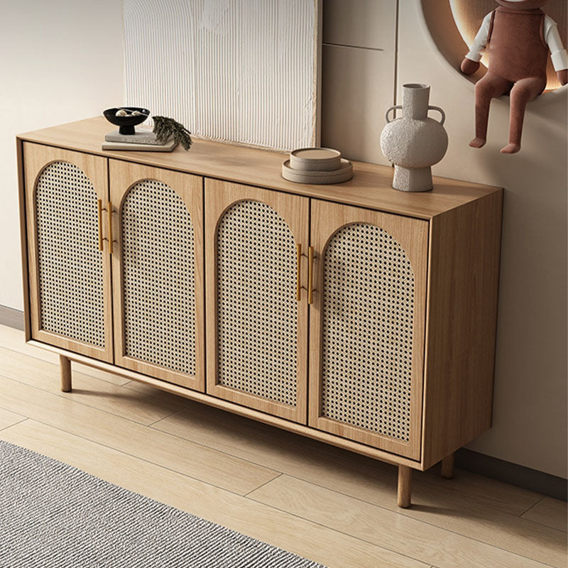 Contemporary Brown Wicker Doors Sideboard Solid Wood Buffet Table with Doors