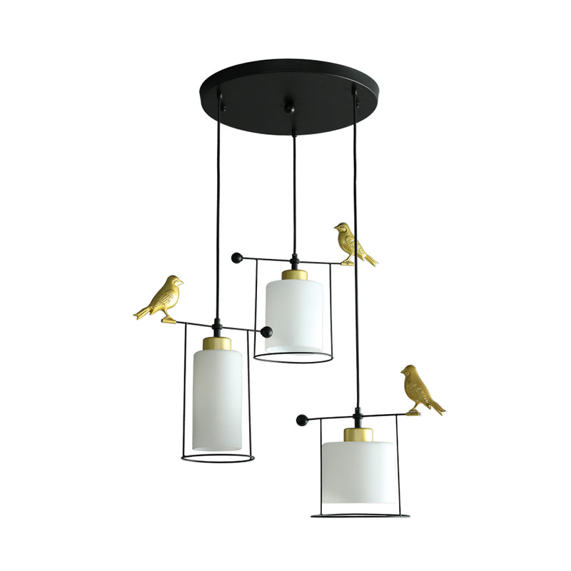 Cylinder Dining Room Cluster Pendant Cream/Smoke Gray Glass 3 Bulbs Modernism Suspension Lamp with Gold Bird Deco