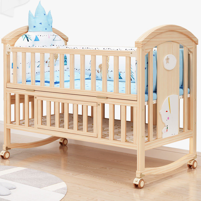 Pine Convertible Baby Crib Height Adjustable Crib with Guardrail