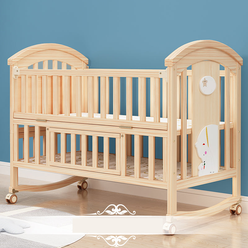 Pine Convertible Baby Crib Height Adjustable Crib with Guardrail