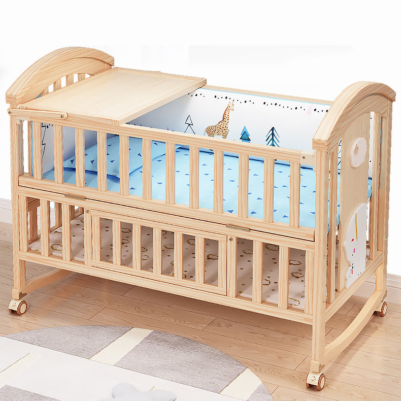 Pine Convertible Baby Crib Height Adjustable Crib with Guardrail