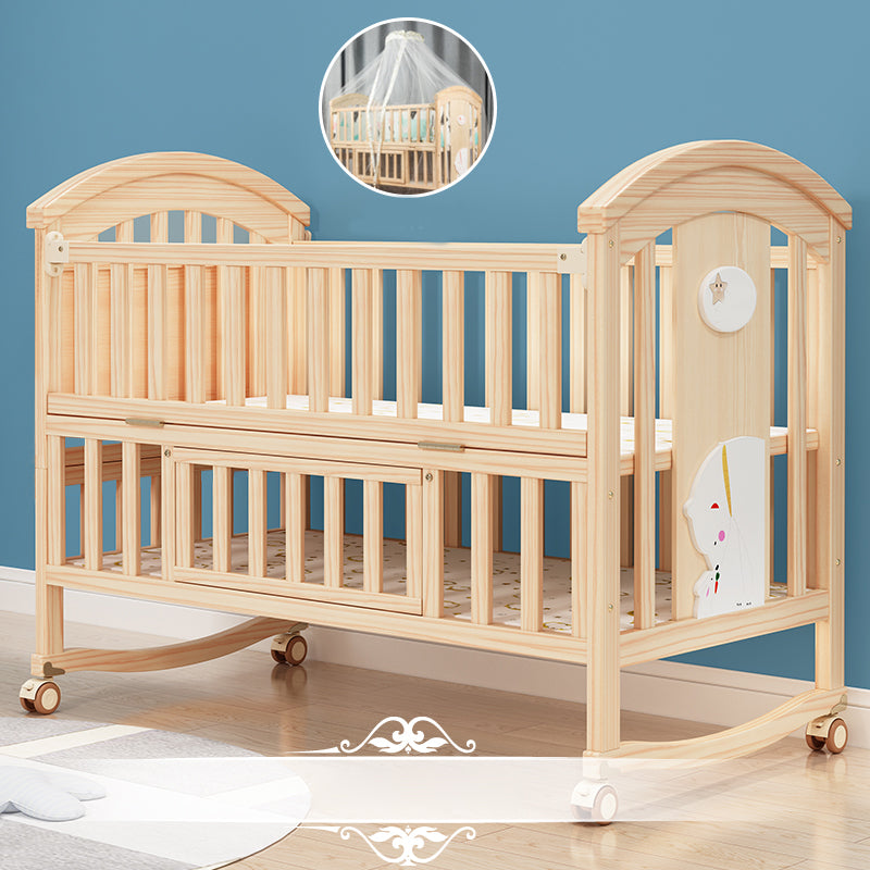 Pine Convertible Baby Crib Height Adjustable Crib with Guardrail