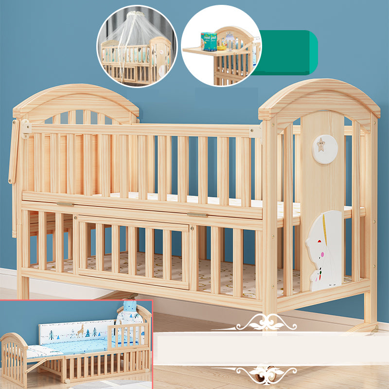 Pine Convertible Baby Crib Height Adjustable Crib with Guardrail