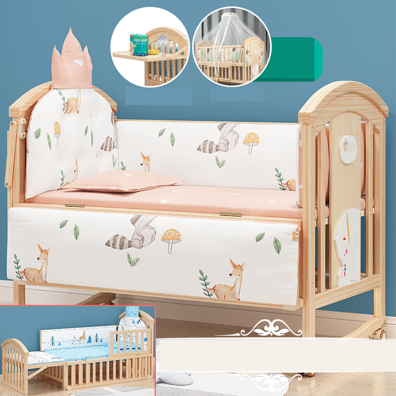 Pine Convertible Baby Crib Height Adjustable Crib with Guardrail