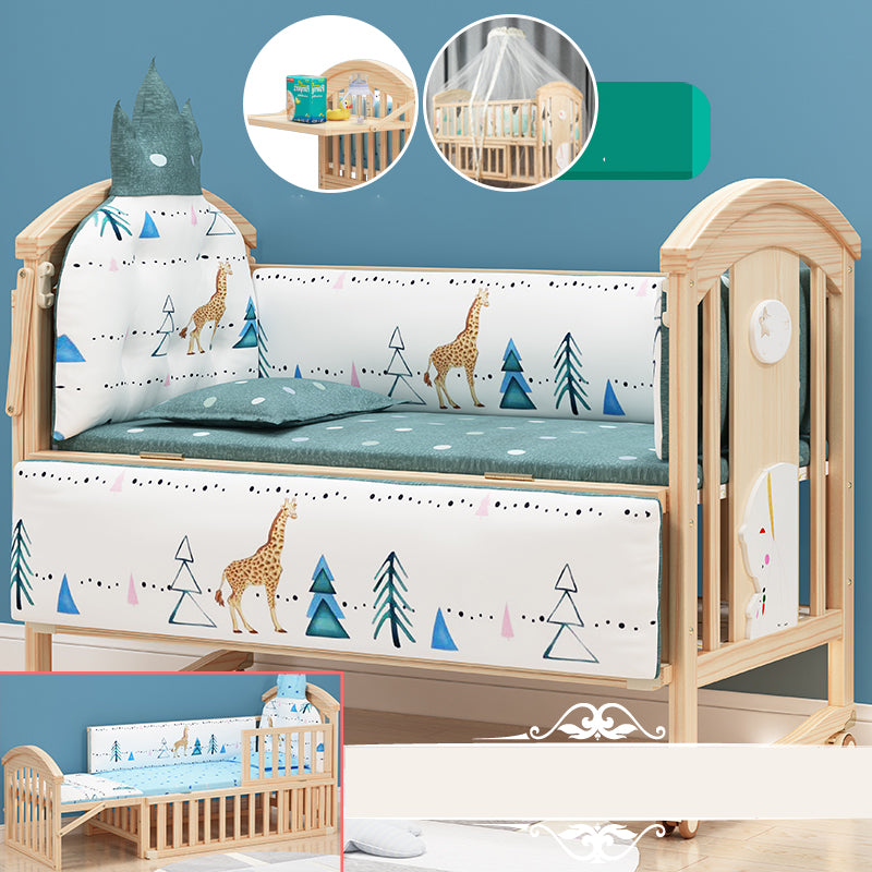 Pine Convertible Baby Crib Height Adjustable Crib with Guardrail