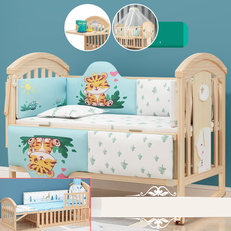 Pine Convertible Baby Crib Height Adjustable Crib with Guardrail