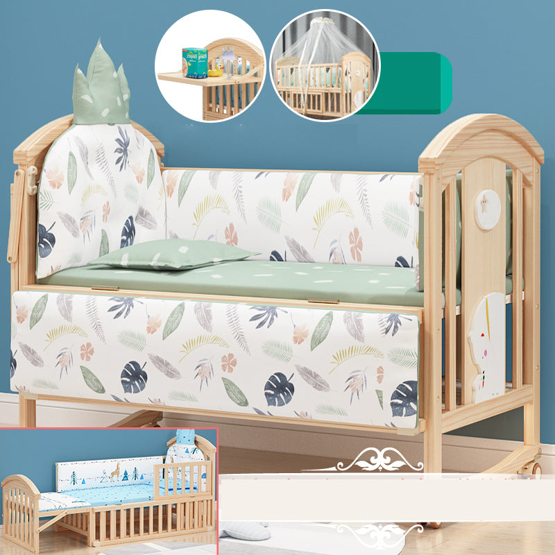 Pine Convertible Baby Crib Height Adjustable Crib with Guardrail