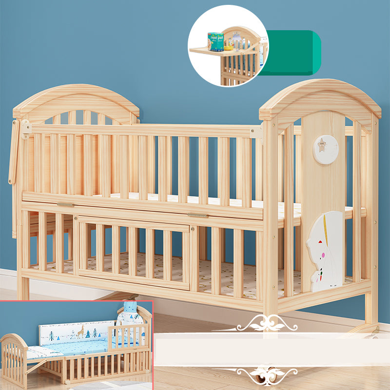 Pine Convertible Baby Crib Height Adjustable Crib with Guardrail