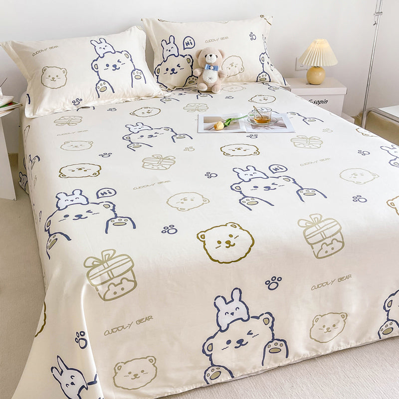 Popular Bed Sheet Cartoon Bear Patterned Fade Resistant Non-Pilling 100 Cotton Bed Sheet