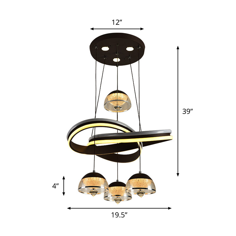 Domed Dining Room Cluster Pendant Acrylic 4 Heads Modernism LED Hanging Ceiling Light in Black with Strip Beam