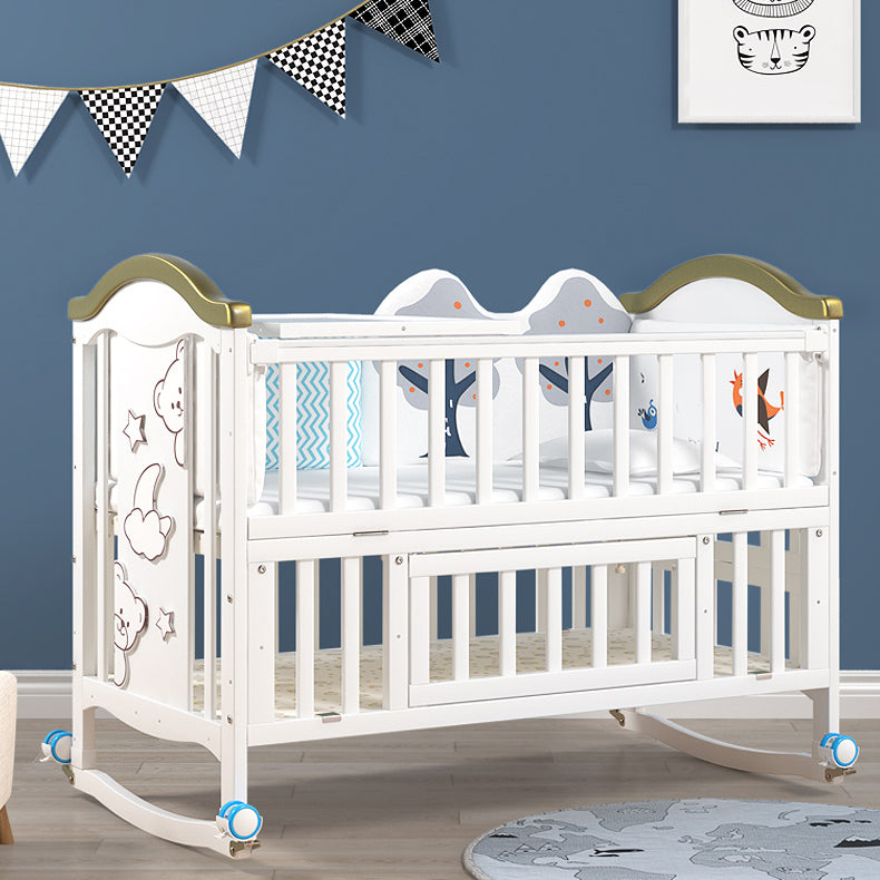 Modern Pine Wood Baby Crib with Casters and Mattress, White Upholstered Arched Crib