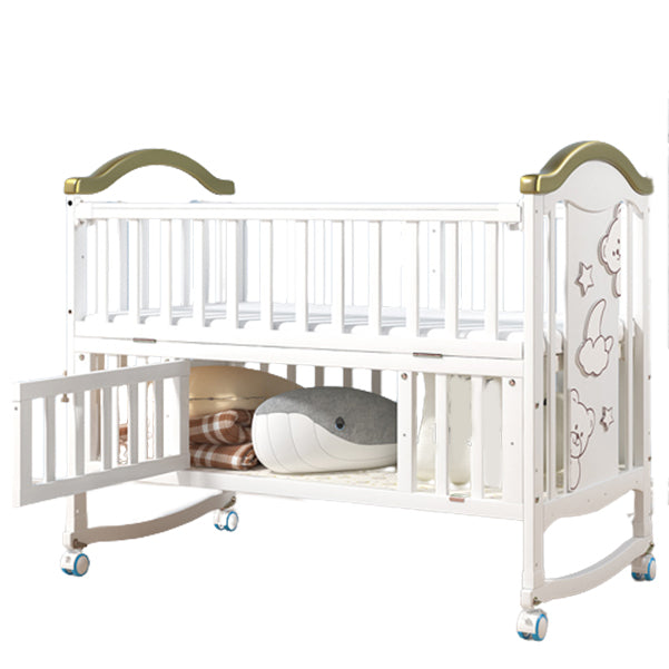 Modern Pine Wood Baby Crib with Casters and Mattress, White Upholstered Arched Crib