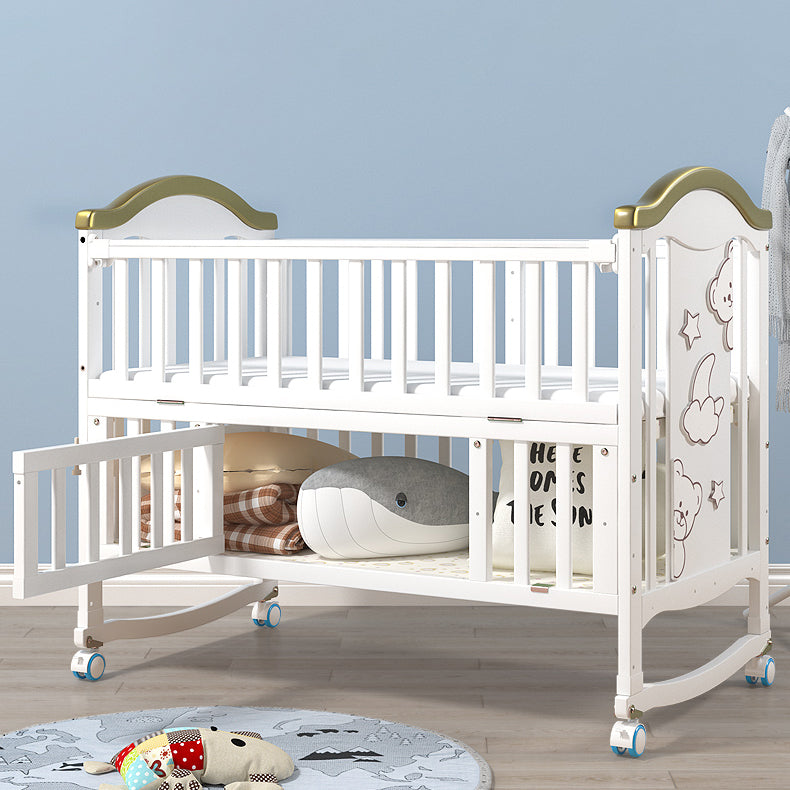 Modern Pine Wood Baby Crib with Casters and Mattress, White Upholstered Arched Crib