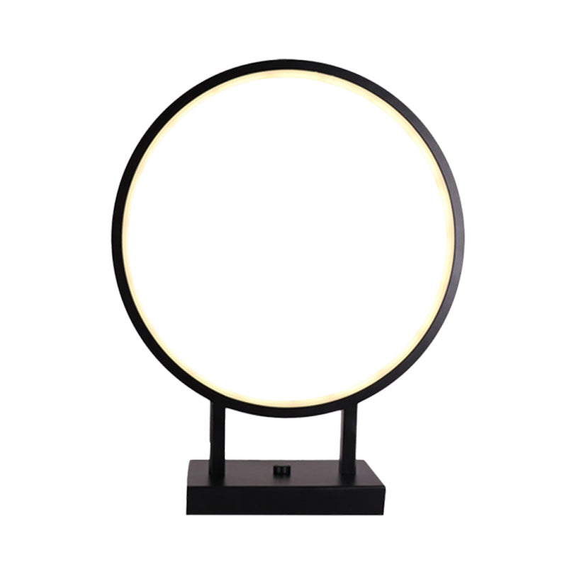 Minimalist Ring Desk Light Aluminum LED Bedroom Table Lamp in Black with Plug In Cord, White/Warm Light