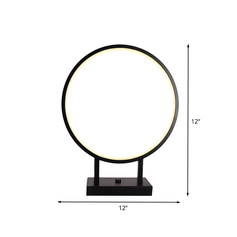 Minimalist Ring Desk Light Aluminum LED Bedroom Table Lamp in Black with Plug In Cord, White/Warm Light