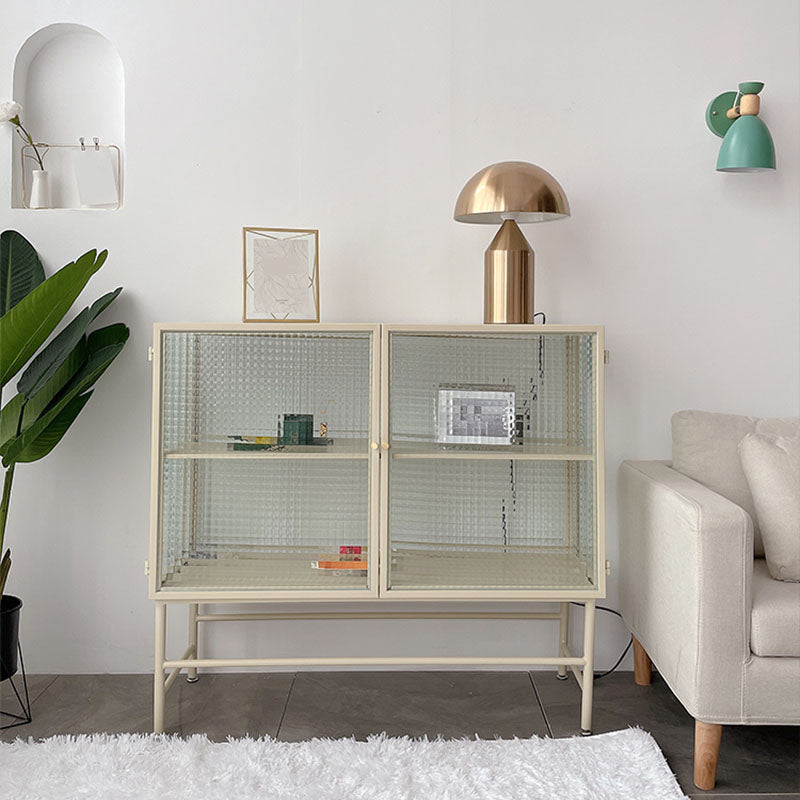 Contemporary Metal Buffet Table Glass Doors Sideboard with 2 Doors