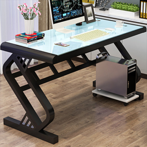 Contemporary Glass Top Computer Desk Antique Finish Gaming Desk with Metal Legs