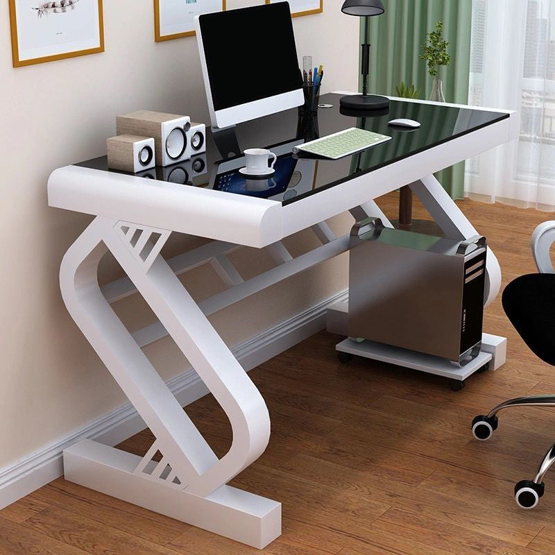 Contemporary Glass Top Computer Desk Antique Finish Gaming Desk with Metal Legs