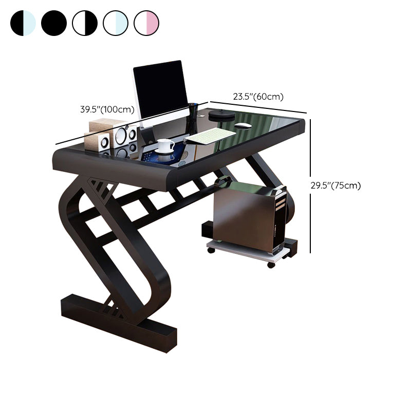 Contemporary Glass Top Computer Desk Antique Finish Gaming Desk with Metal Legs