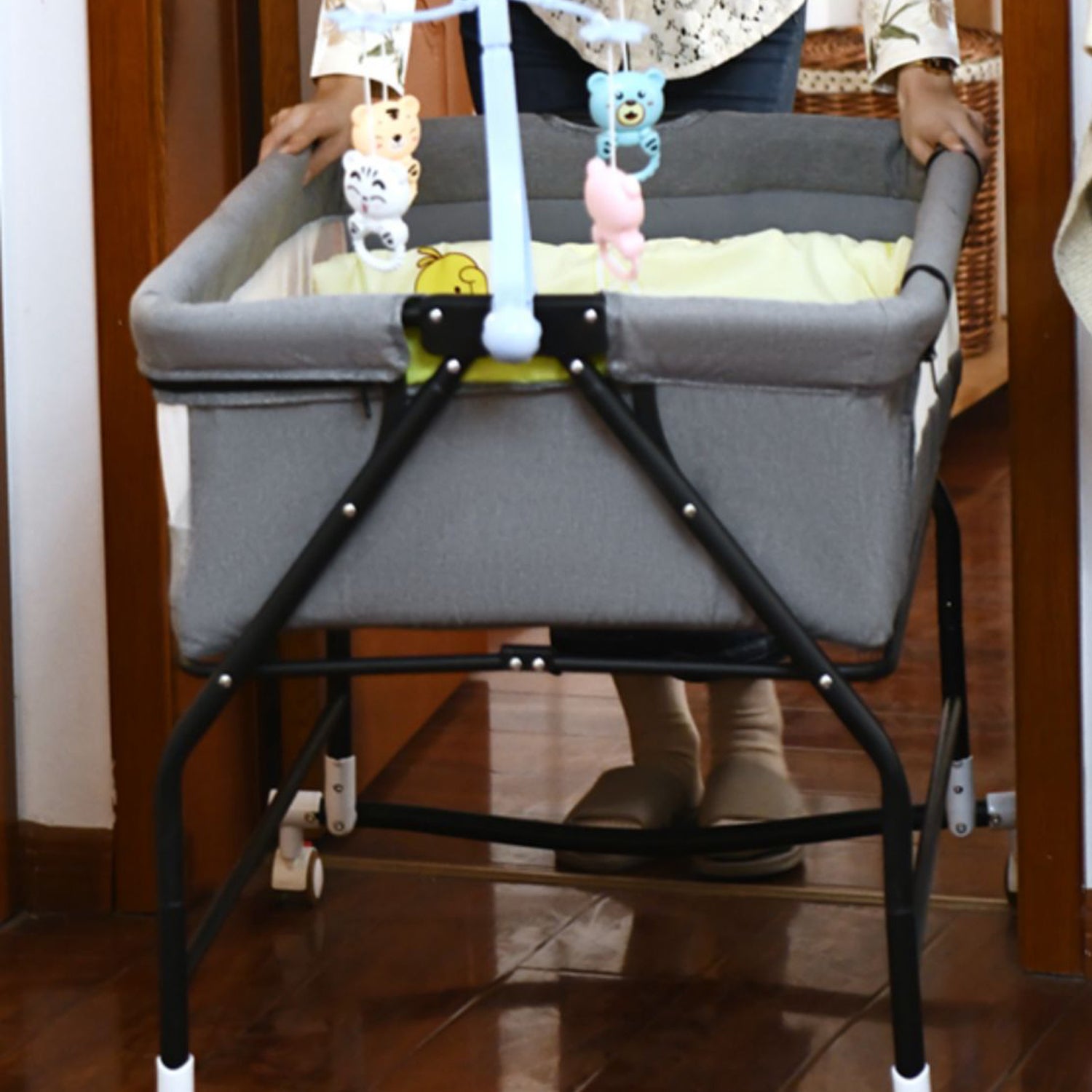 Metal Rectangle Bedside Crib Gliding Folding Crib Cradle for Toddler