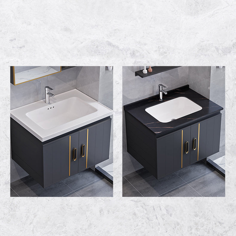 Glam Single Wall Mount Sink Vanity Gray Metal Base Rectangular Vanity Set