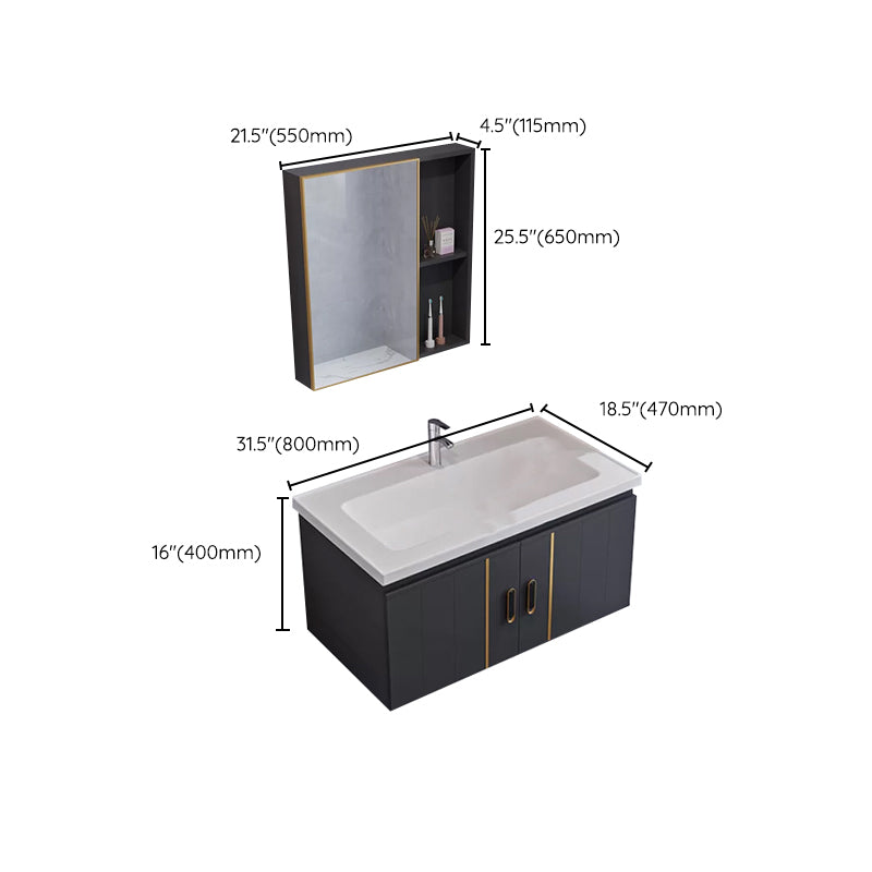 Glam Single Wall Mount Sink Vanity Gray Metal Base Rectangular Vanity Set