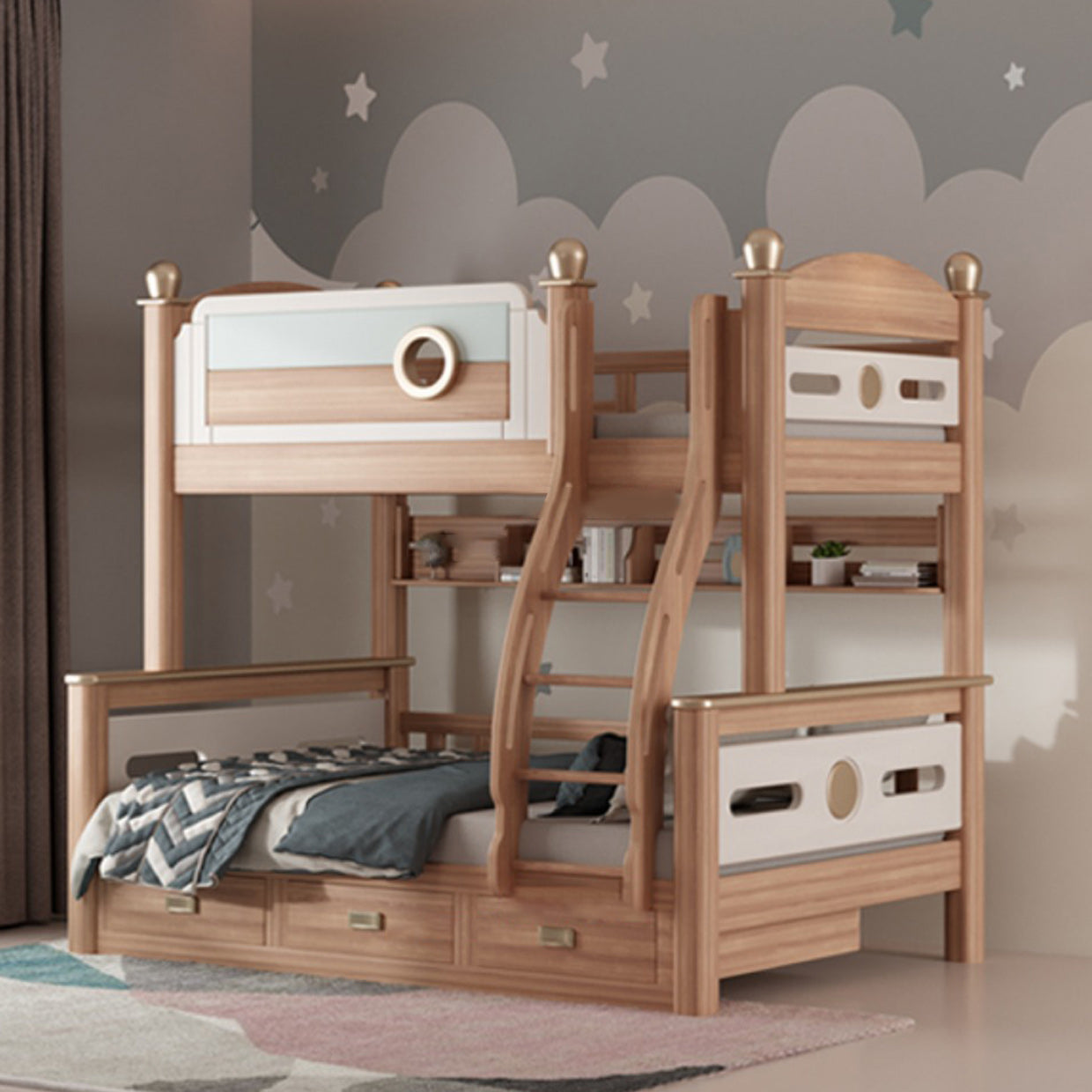 Gender Neutral Solid Wood Kids Bed Mid-Century Modern Bunk Bed with Storage