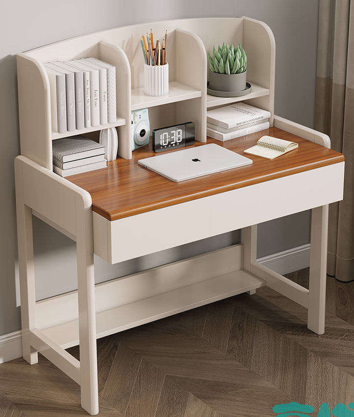 Contemporary White Writing Desk with Brown Top and 2 Drawers