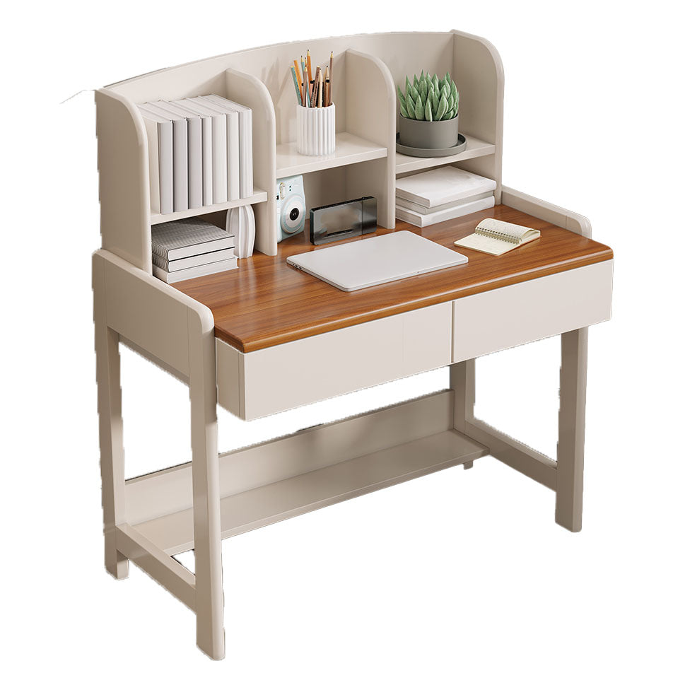 Contemporary White Writing Desk with Brown Top and 2 Drawers