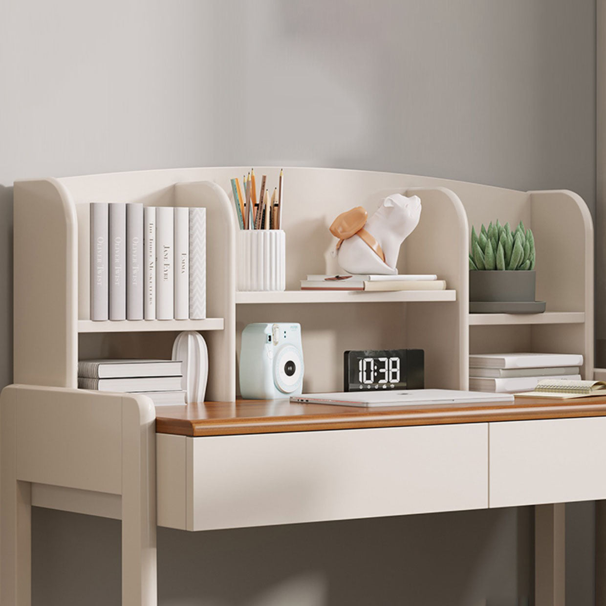 Contemporary White Writing Desk with Brown Top and 2 Drawers