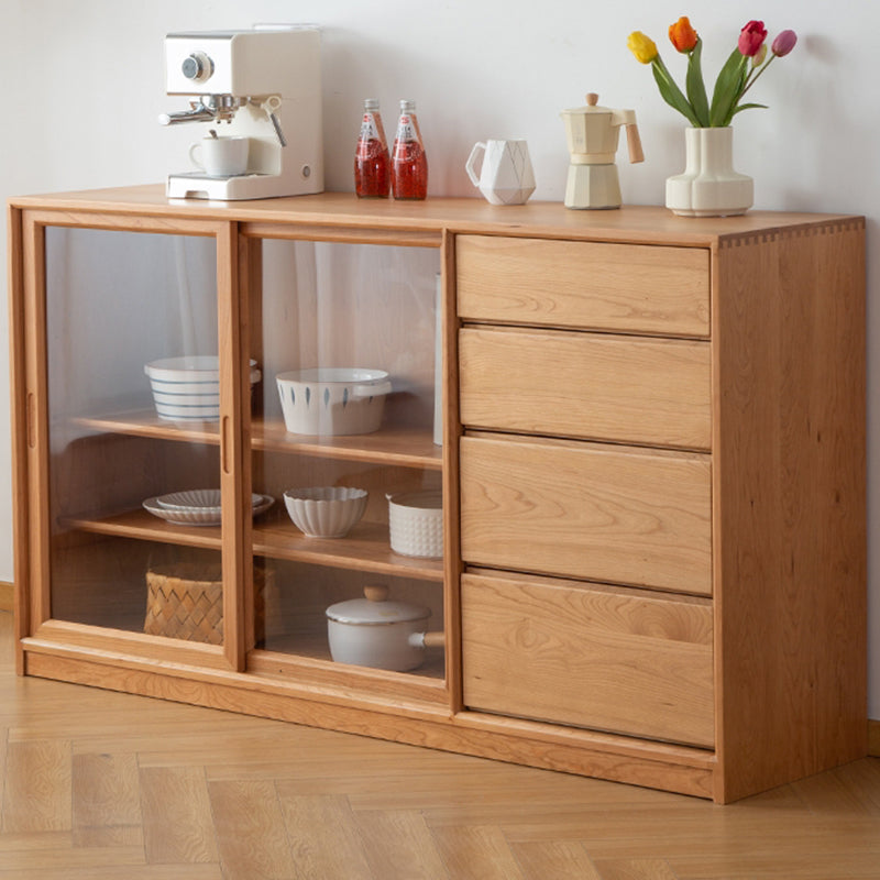 Contemporary Brown Sliding Doors Sideboard Solid Wood Buffet Table with 4 Drawers