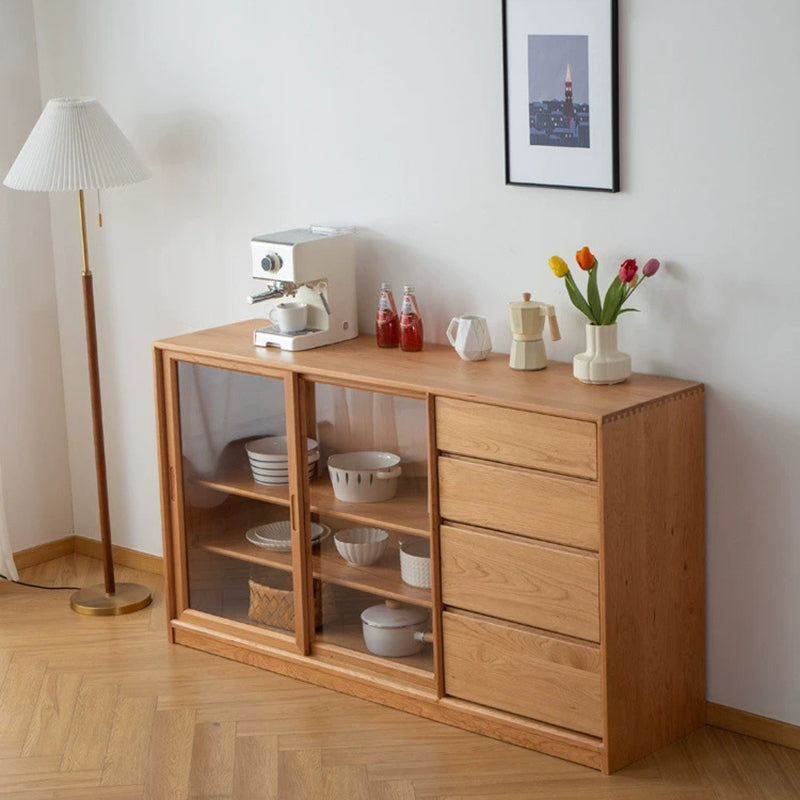 Contemporary Brown Sliding Doors Sideboard Solid Wood Buffet Table with 4 Drawers