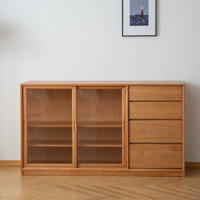 Contemporary Brown Sliding Doors Sideboard Solid Wood Buffet Table with 4 Drawers