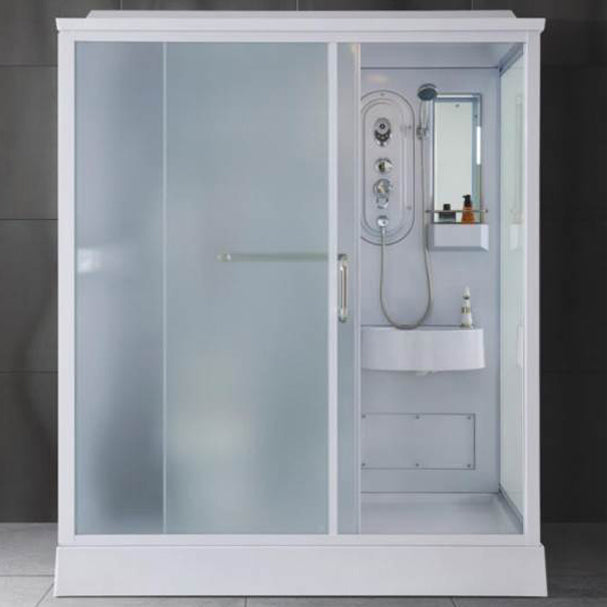 Frosted Single Sliding Shower Kit White Framed Shower Stall with Base Included