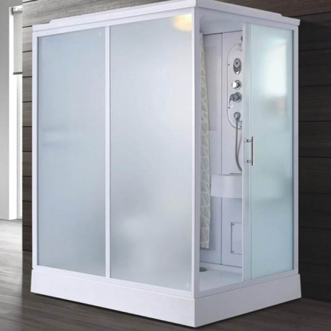 Frosted Single Sliding Shower Kit White Framed Shower Stall with Base Included