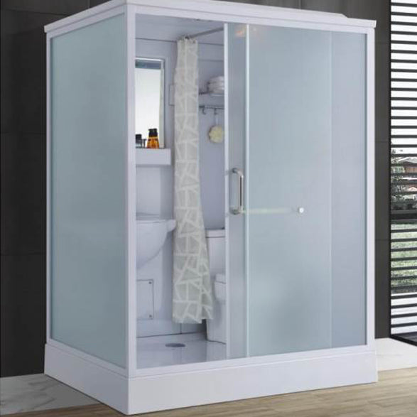 Frosted Single Sliding Shower Kit White Framed Shower Stall with Base Included