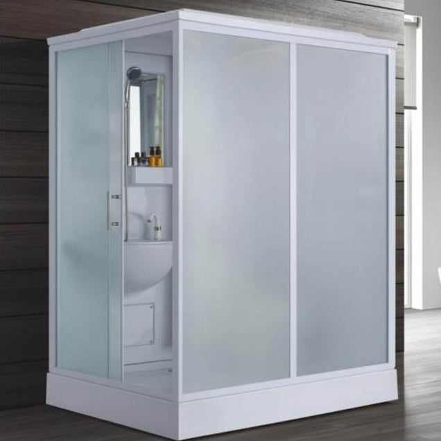 Frosted Single Sliding Shower Kit White Framed Shower Stall with Base Included