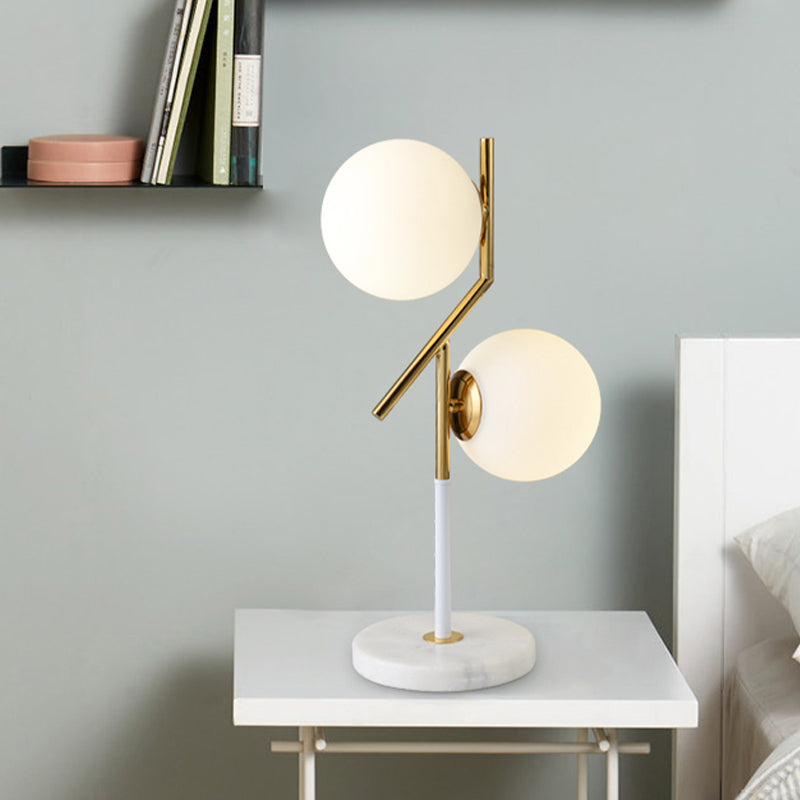 Opal Glass Globe Table Lamp Contemporary 2 Lights Nightstand Light in White with Marble Base