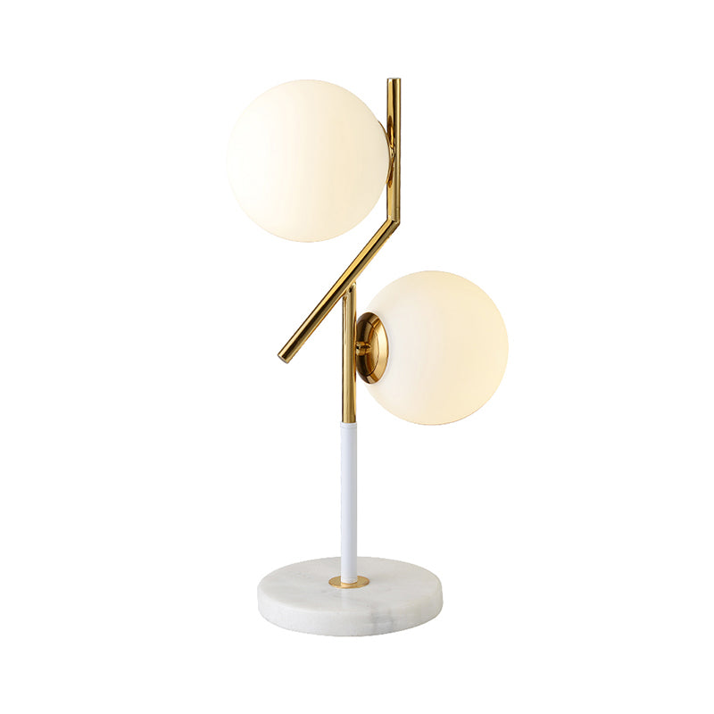 Opal Glass Globe Table Lamp Contemporary 2 Lights Nightstand Light in White with Marble Base