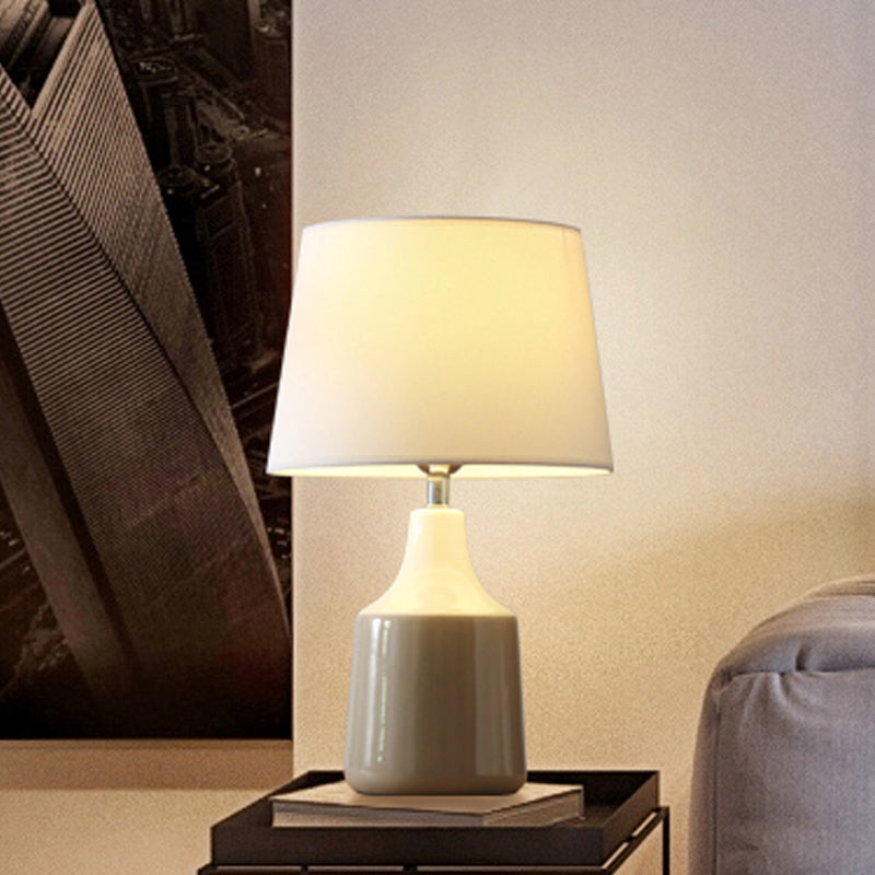 Modern Tapered Drum Table Light Ceramic 1-Light Bedside Night Lighting in Brown/White and Gray with Fabric Shade