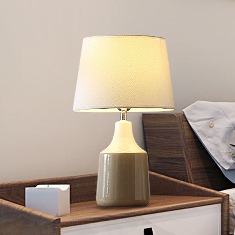 Modern Tapered Drum Table Light Ceramic 1-Light Bedside Night Lighting in Brown/White and Gray with Fabric Shade